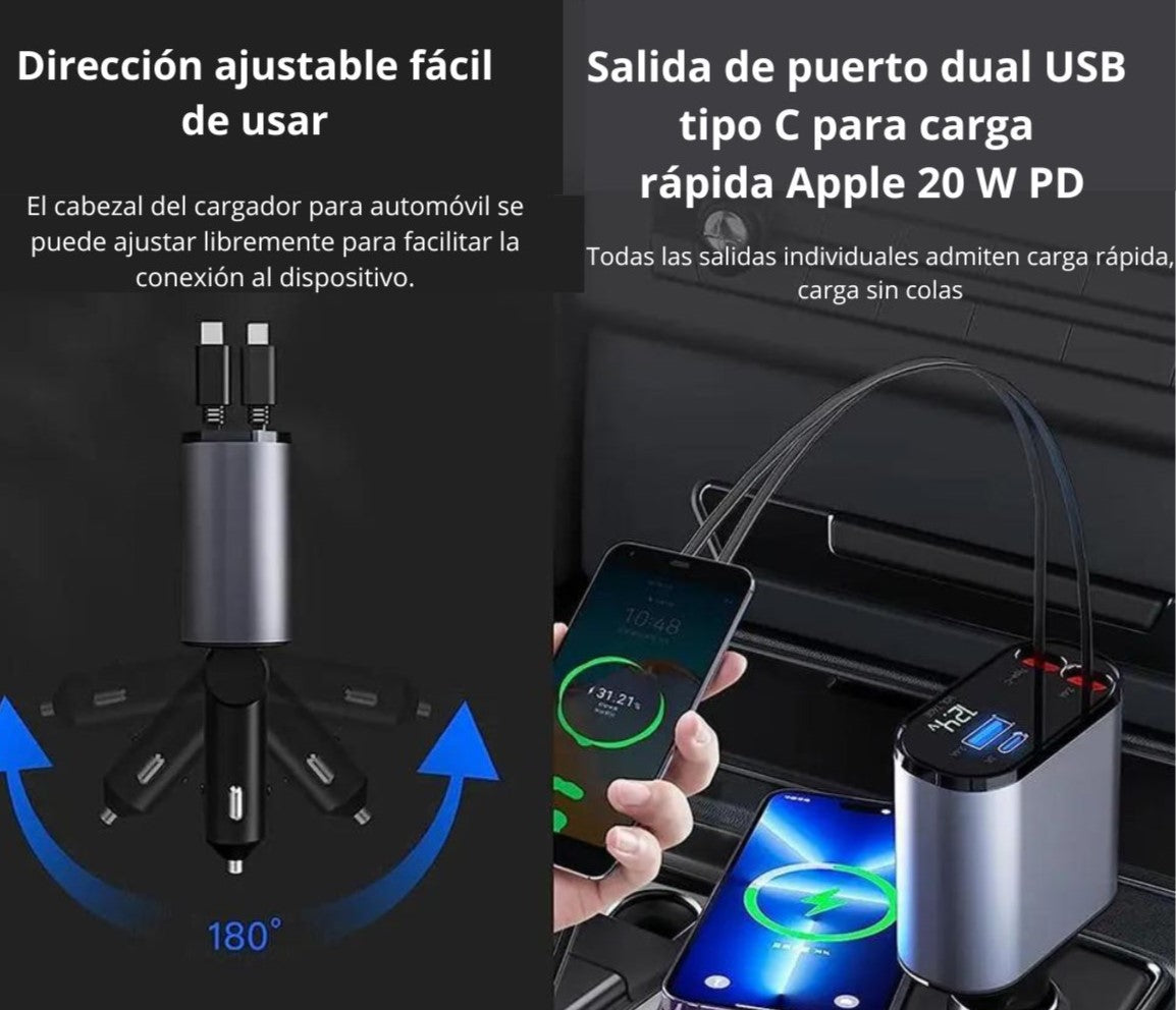 CARGADOR RAPIDO PARA AUTO RETRACTIL PARA IPHONE Y TIPO C