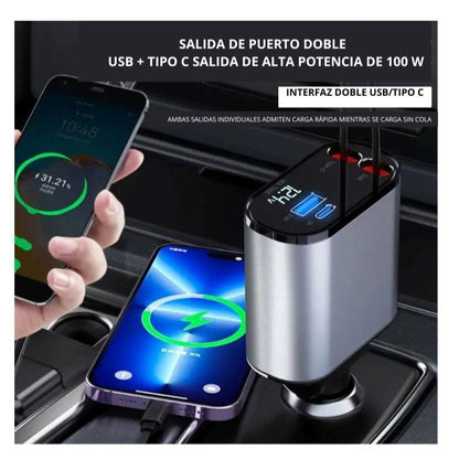 CARGADOR RAPIDO PARA AUTO RETRACTIL PARA IPHONE Y TIPO C