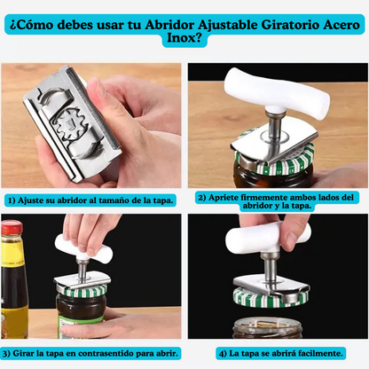 Abridor Multiuso de Frascos Botellas Giratorio Ajustable Acero Inox