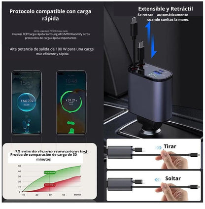 CARGADOR RAPIDO PARA AUTO RETRACTIL PARA IPHONE Y TIPO C